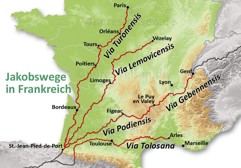 Karte der Jakobswege in Frankreich mit Routen, Start- und Zielorten