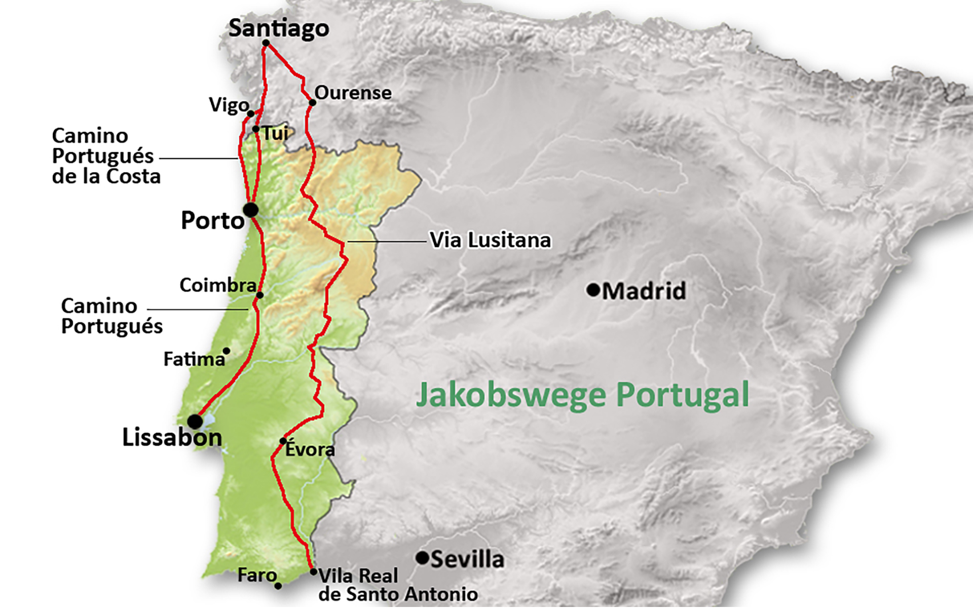 Karte der Jakobswege in Portugal