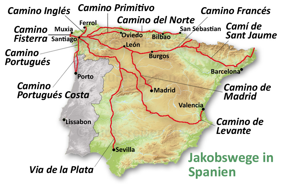 Karte der Jakobswege in Spanien